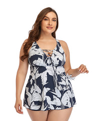 Ocevara V-neck Printed Plus Size Swimdress with Boxer Swimming Trunks - image 1