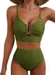 Ocevara Ocevara High-Waisted Tummy Control Bikini Set Textured U-Wire Cutout Swimwear - image 59