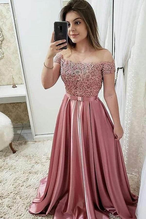Burgundy Off Shoulder A Line Prom Dresses, Lace Top Cheap Evening Gown OKJ68