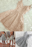 A Line Spaghetti Strap V Neck Sleeveless Lace Homecoming Dress Graduation Dress OKZ46