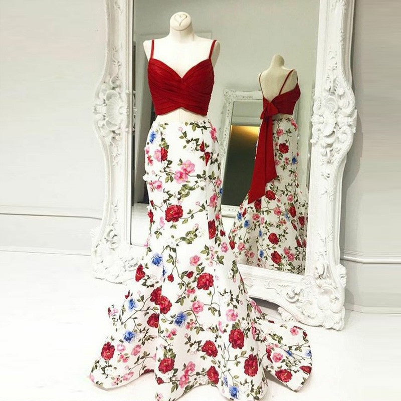 Mermaid Spaghetti Straps Floral Print Red Top Prom Dress OKI84