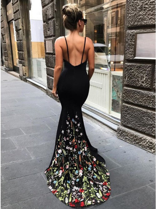 Mermaid Spaghetti Straps Sweep Train Black Prom Dresses with Floral Embroidery OKK65