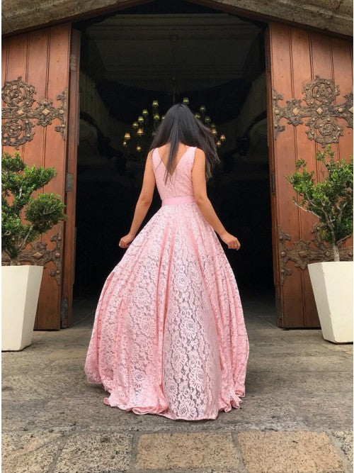 A-Line V-Neck Sweep Train Pink Lace Prom Dresses with Split OKP10