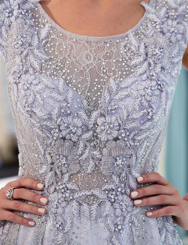 Elegant A Line Scoop Sleeveless Lavender Long Lace Prom Dresses with Appliques OKF16