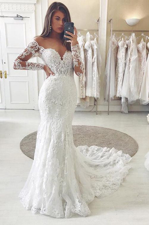 Off the Shoulder Long Sleeves Lace Mermaid Long Wedding Dress OK1051