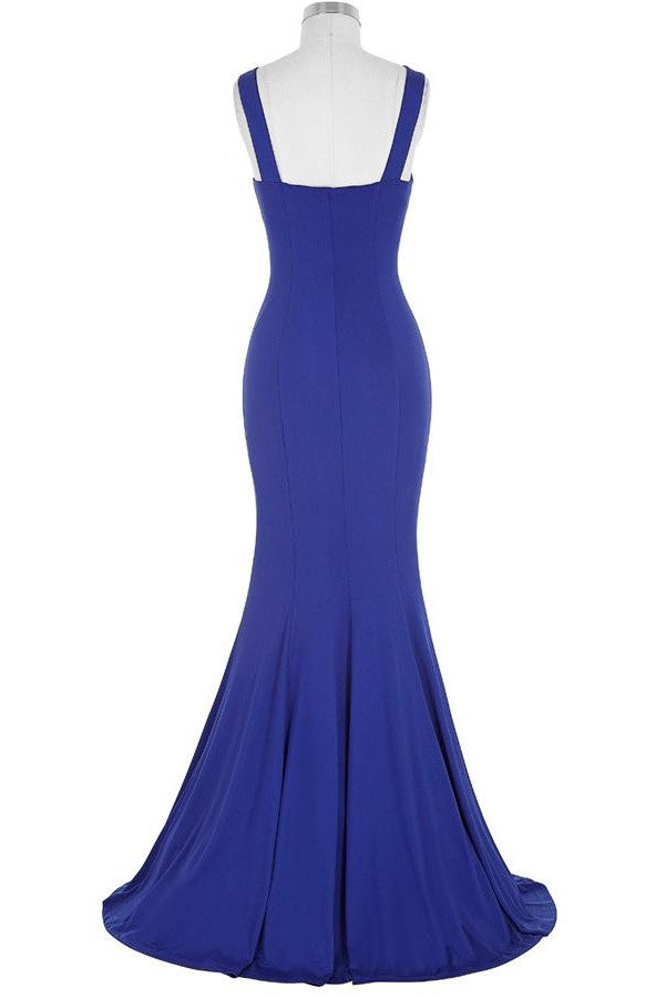 Royal Blue Open Back Long Mermaid Beaded Sexy Prom Dress K739