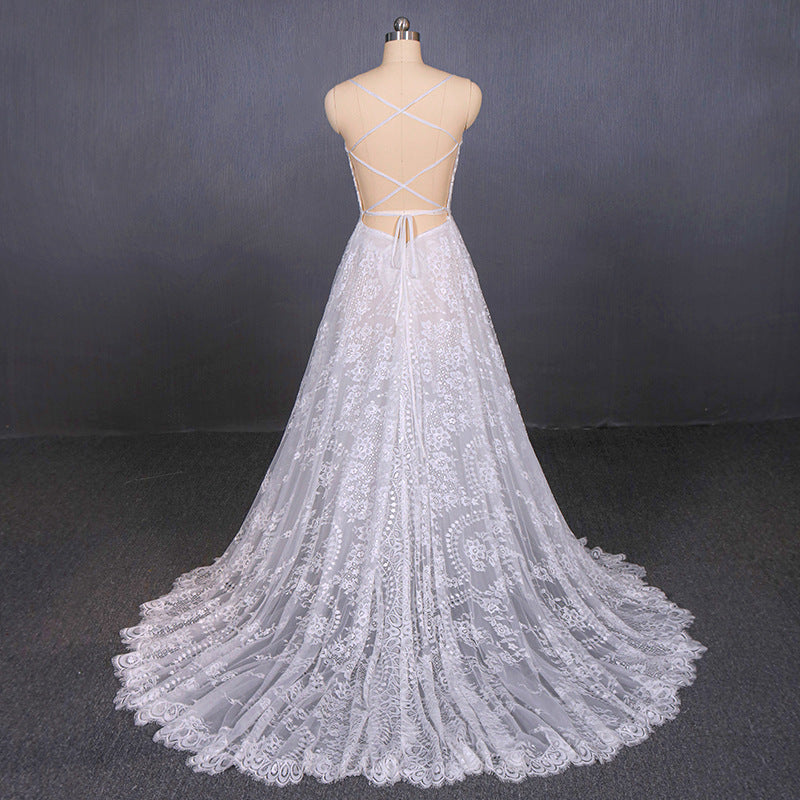 A Line Spaghetti Straps Long Elegant Wedding Dress With Lace OKQ11
