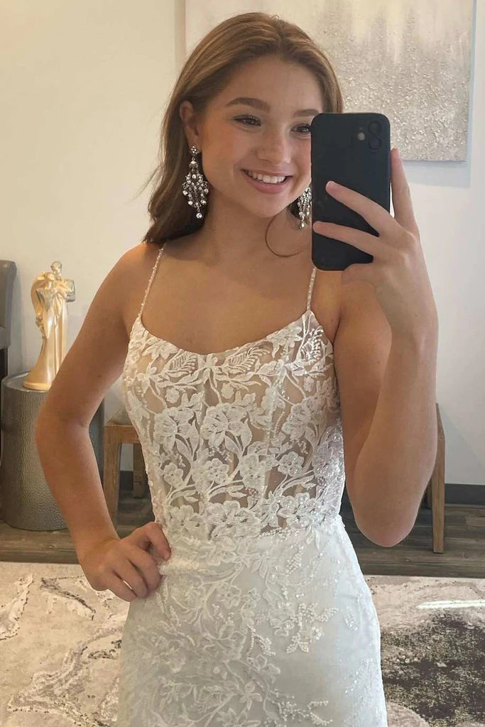 Elegant Off White Floral Lace Scoop Neck Lace-Up Mermaid Long Prom Dress OK1898