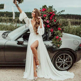 Deep V Neck A-line Long Sleeves Wedding Dress With Slit V Back Long Bridal Gowns OKX86