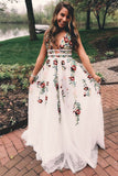 A Line V Neck Flower Appliques Prom Dress, Long Evening Dresses N1482