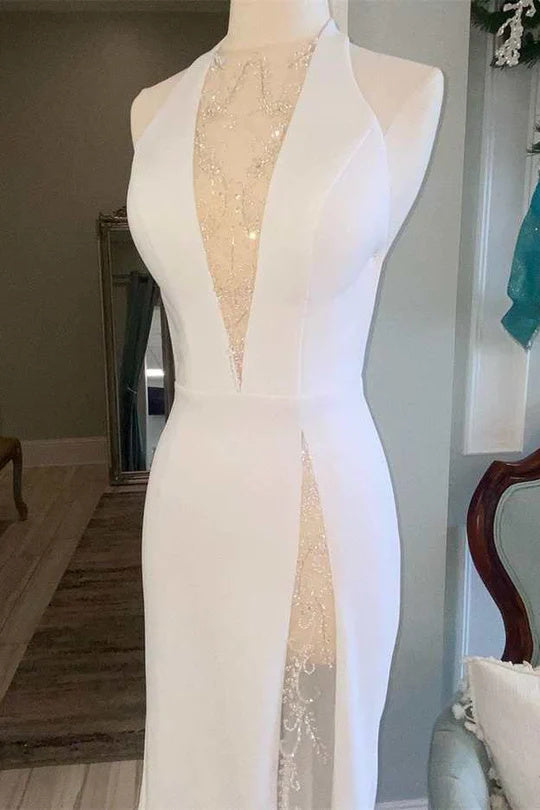 Off White Halter Backless Mermaid Long Wedding Dress Elegant Bridal Dresses OK1908