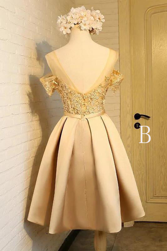 Off-the-Shoulder Short Prom Dress,A Line Appliques Bow-knot Homecoming Dress OKC85
