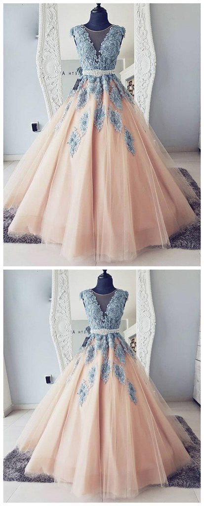 V-neck Blue Lace Ball Gown Long Tulle  Evening Dresses,Cheap Prom Dresses OKG36