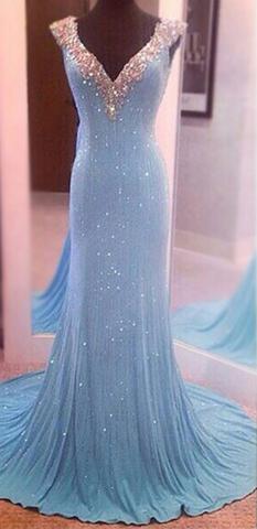 Modest V-Neck Sleeveless Sequins Blue Mermaid Backless Floor-Length Long Prom Dress OK397
