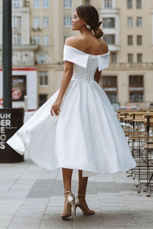 Elegant Off Shoulder Sleeveless Tea-Length A Line Satin Wedding Dress OK1420