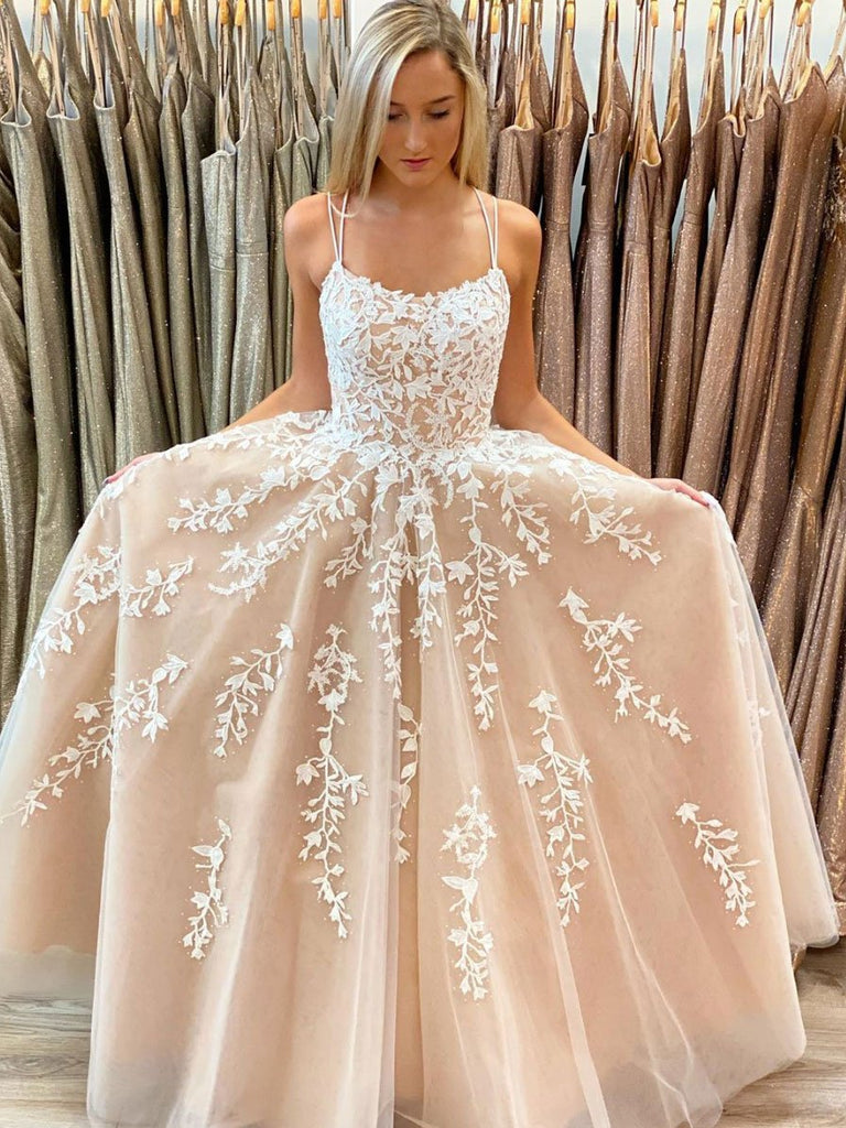 Elegant Spaghetti Straps A Line Tulle Long Lace Appliques Prom Dress OKZ22