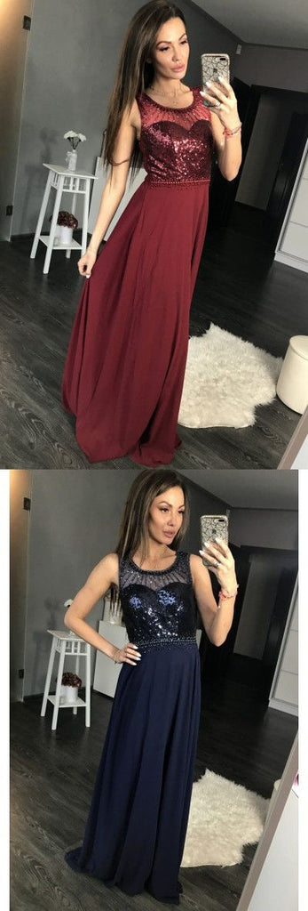Charming Burgundy Sequins A Line Sleeveless Chiffon Long Prom Dresses OK861