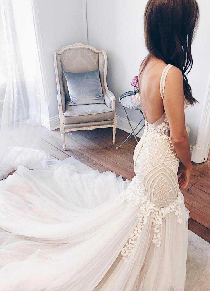 Charming Mermaid Ivory Sexy Sleeveless Lace Wedding Dresses OKC82