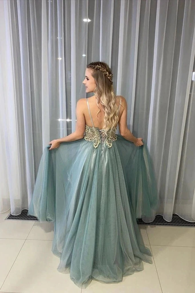 A Line Spagahetti Straps Sweetheart Beades Long Prom Dress Formal Evening Dress OK1376