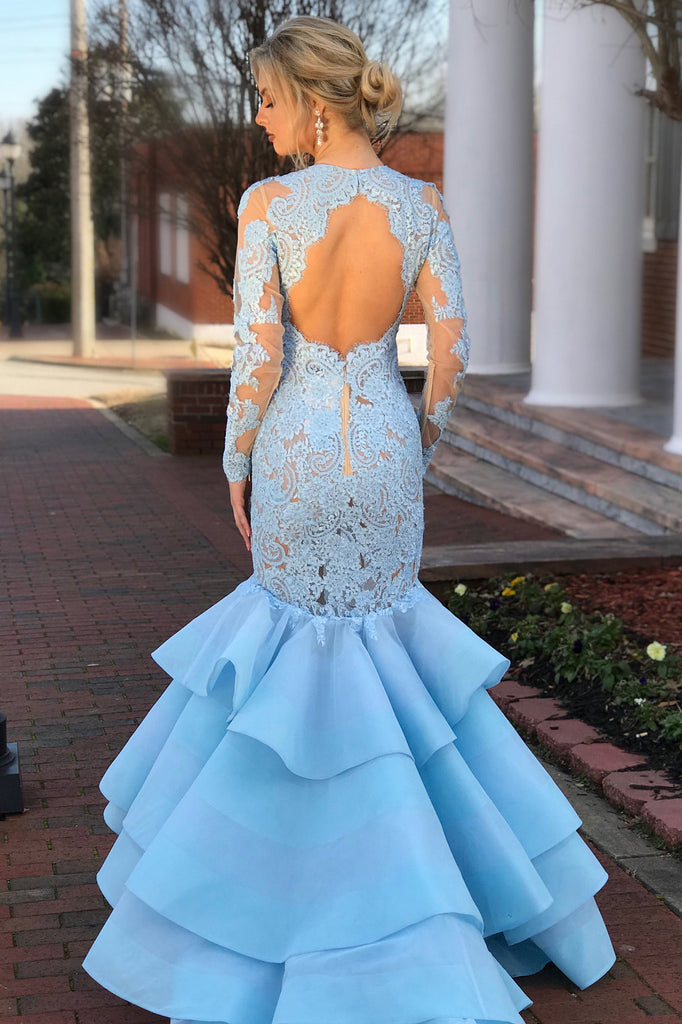 Elegant Long Sleeves Mermaid Blue Lace Layered Prom Dresses with Open Back OKA36