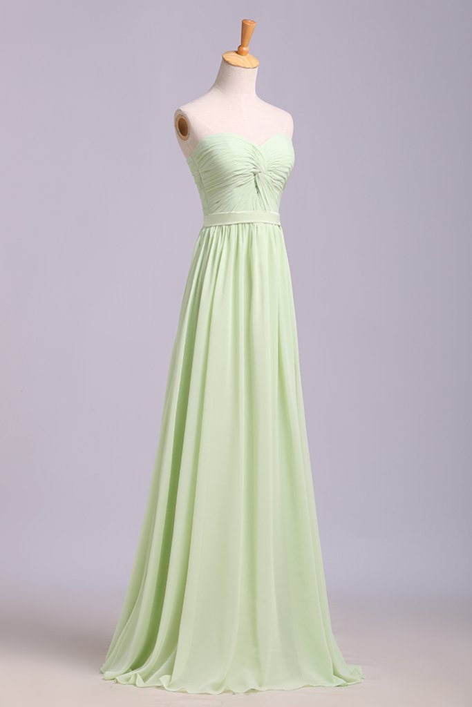 Simple A Line Floor Length Sweetheart Chiffon Belt Sage Long Prom Dress OK1024