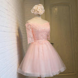 Cute Off shoulder Half Sleeves Lace Appliqued Short Homecoming Dress OK368