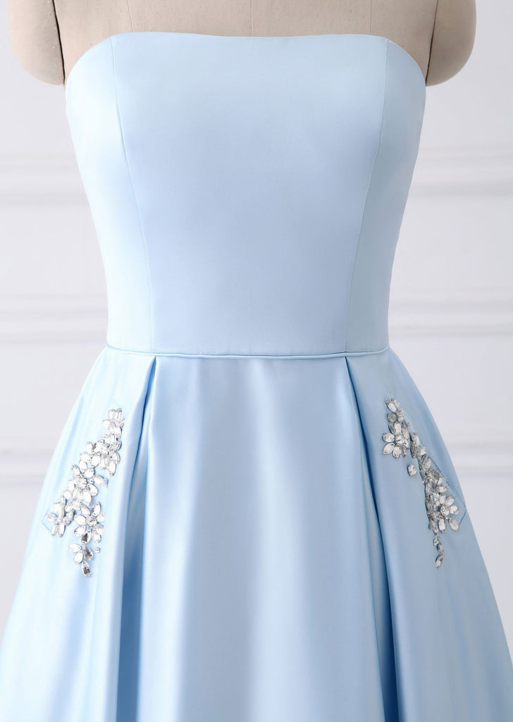 Simple A-line Strapless Long Crystal Light Blue Cheap Prom Dress with Pocket OK669