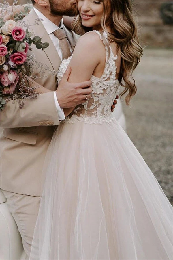 Beautiful Tulle A-line Off the Shoulder Wedding Dress With Lace Appliques OKY34