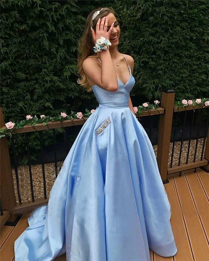 Sky Blue Cross Back Prom Dress Long Elegant V-neck Evening Dress OKW32
