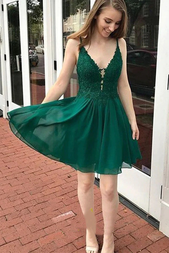 Cute A Line V Neck Green Lace Top Chiffon Short Prom Homecoming Dresses OK1743