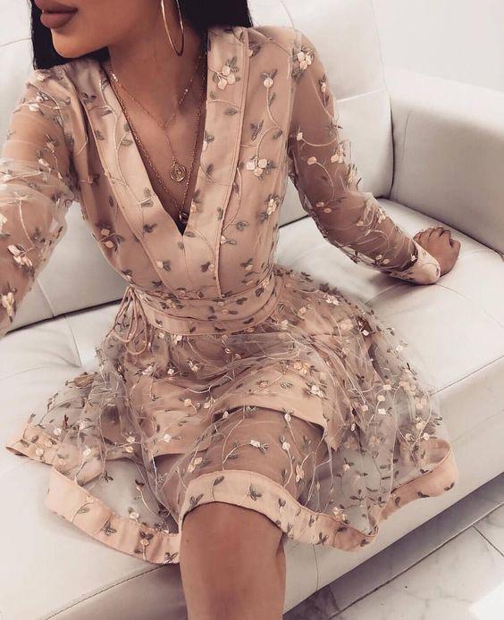 Cute Pink Long Sleeve Homecoming Dress, V Neck Short Prom Dress OKO62