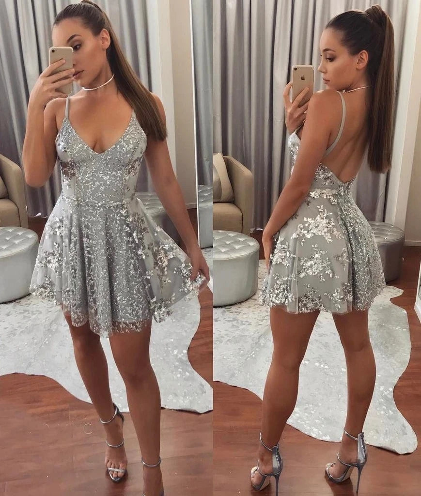 A Line Spaghetti Strap V Neck Sleeveless Lace Homecoming Dress Graduation Dress OKZ46