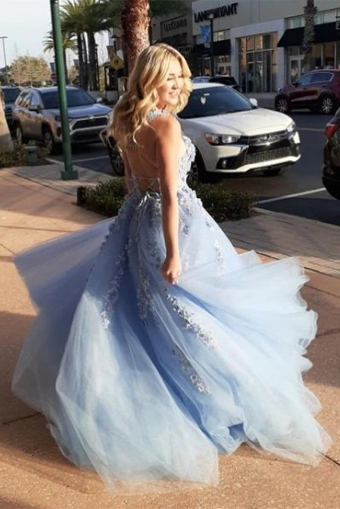Elegant Backless Light Blue Lace Floral Long Prom Dress 3D Flowers Formal Evening Dress OK1401