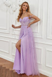Elegant Off Shoulder Lilac Purple Lace Appliques Long Prom Dresses with High Slit OK1722