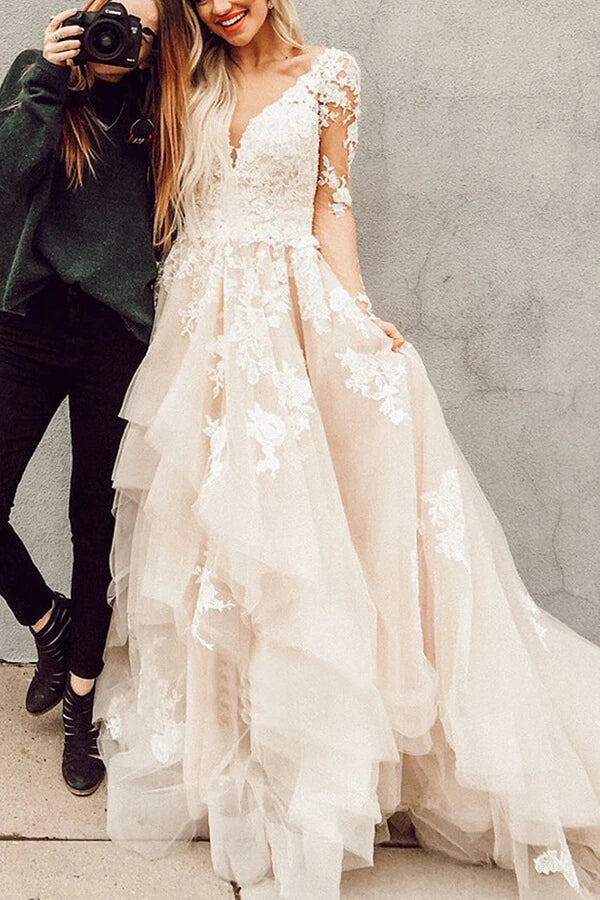 Elegant Lace Appliques A-line V-neck Long Sleeves Wedding Dress with Train OKY68