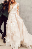 Elegant Lace Appliques A-line V-neck Long Sleeves Wedding Dress with Train OKY68