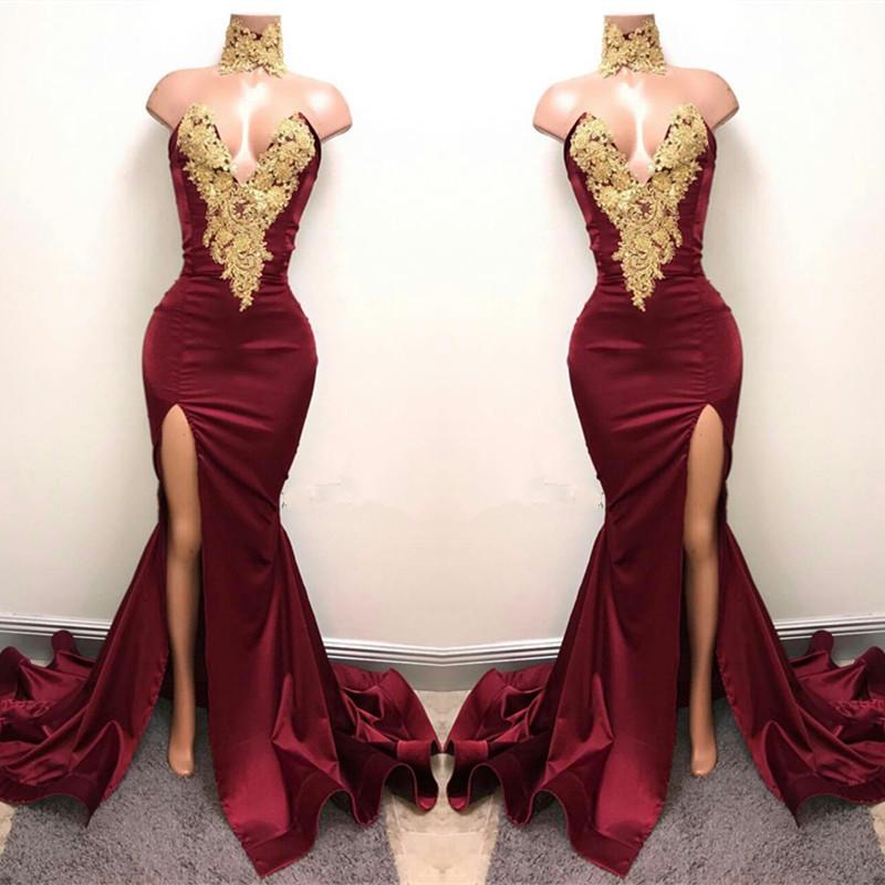 Elegant Burgundy Mermaid Appliques High Neck Split Sexy Prom Dresses OKA83