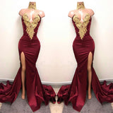 Elegant Burgundy Mermaid Appliques High Neck Split Sexy Prom Dresses OKA83