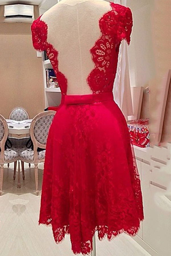 new Pretty Light Red Lace V--Neck Open Back Homecoming Dress K139