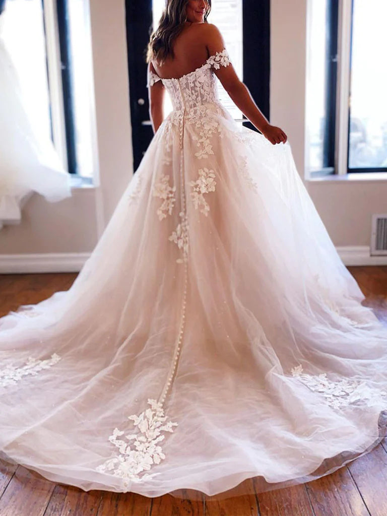 Off Shoulder Ivory Lace Appliques Long Wedding Dresses, White Tulle Bridal Dresses OK1700
