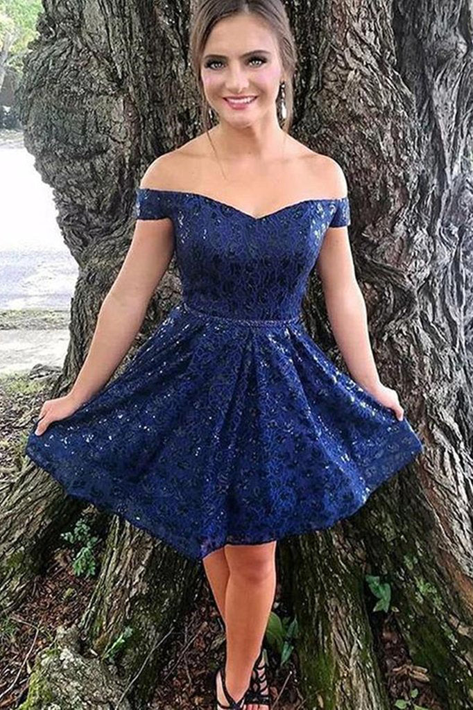 Dark Navy Off the Shoulder Lace A-line Short Homecoming Dress Cocktail Dress OKZ94
