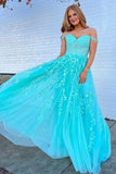 Off the Shoulder Blue A Line Lace Appliques Prom Dresses, Formal Evening Dresses OK1989