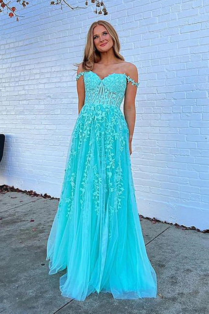 Off the Shoulder Blue A Line Lace Appliques Prom Dresses, Formal Evening Dresses OK1989