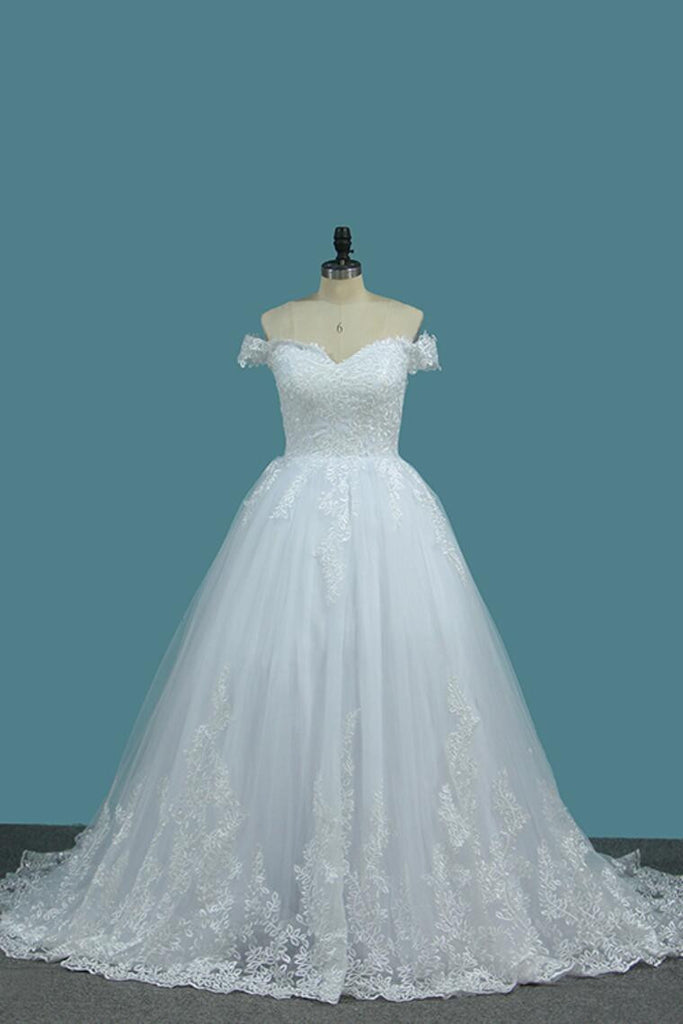 New Arrival Off The Shoulder A Line Wedding Dress Tulle With Applique Sweep Train OKE71