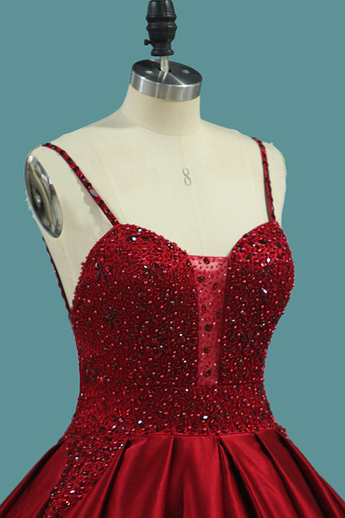 Burgundy Spaghetti Straps Beading Prom Dresses, Princess Ball Gowns OKJ7