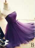 Elegant A-Line Strapless Purple Tulle Short Homecoming Dresses with Bowknot OK327
