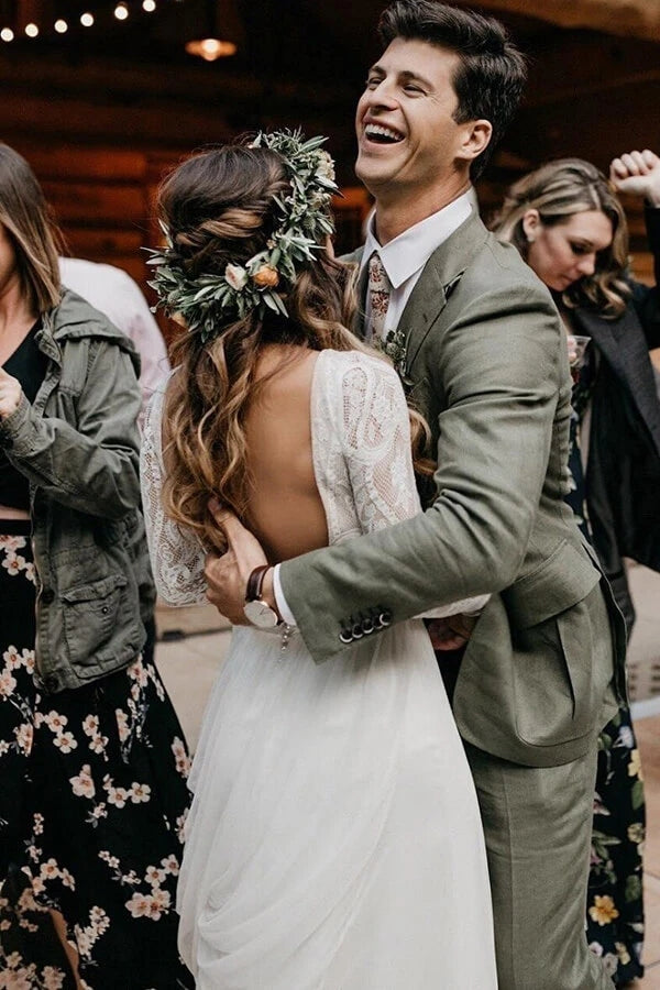 Charming Lace Top Scoop Long Sleeves Wedding Dress A-line Chiffon Bridal Gowns OKY35