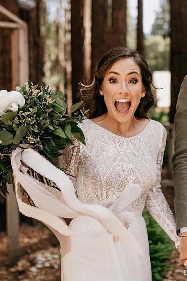 Charming Lace Top Scoop Long Sleeves Wedding Dress A-line Chiffon Bridal Gowns OKY35