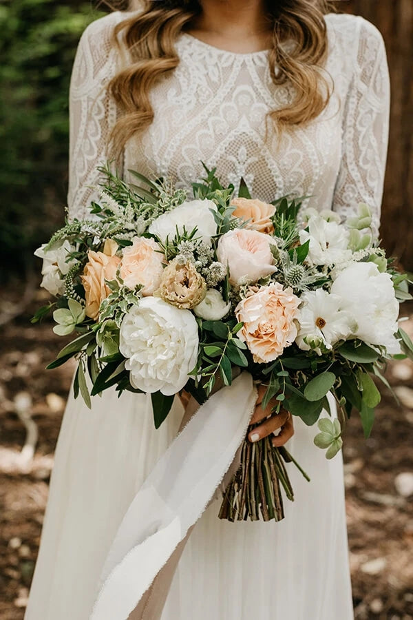 Charming Lace Top Scoop Long Sleeves Wedding Dress A-line Chiffon Bridal Gowns OKY35