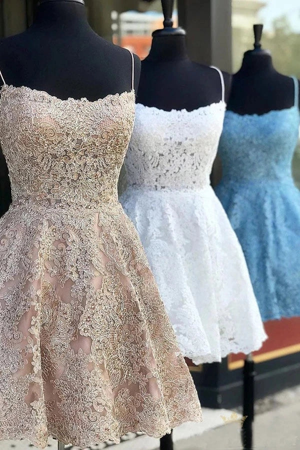 Lace Spaghetti Straps Sleeveless Homecoming Dress School Event Dress Graduation Dress OKY19